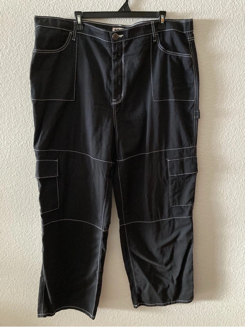 SO Black Boot Cut Cargo Pants with White Contrast Stitching